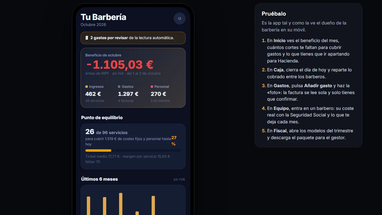 Panel de contabilidad para barberías visto en el móvil
