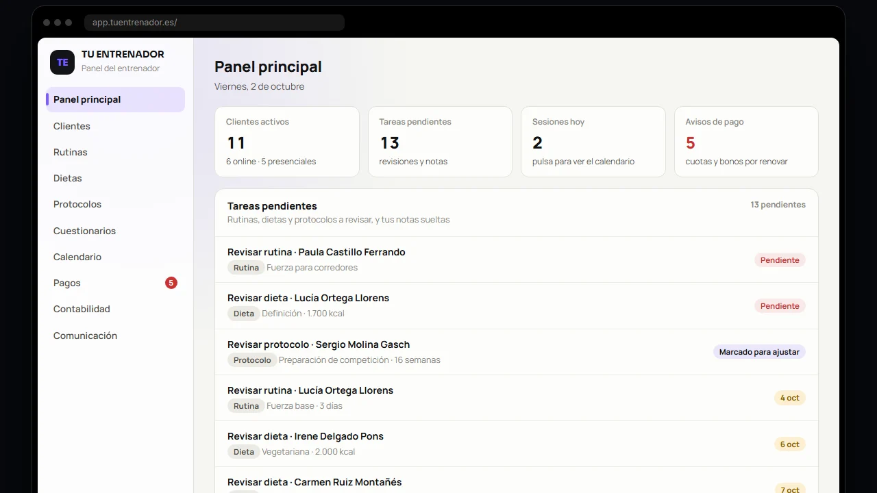 Panel de la app para entrenadores personales con la lista de clientes
